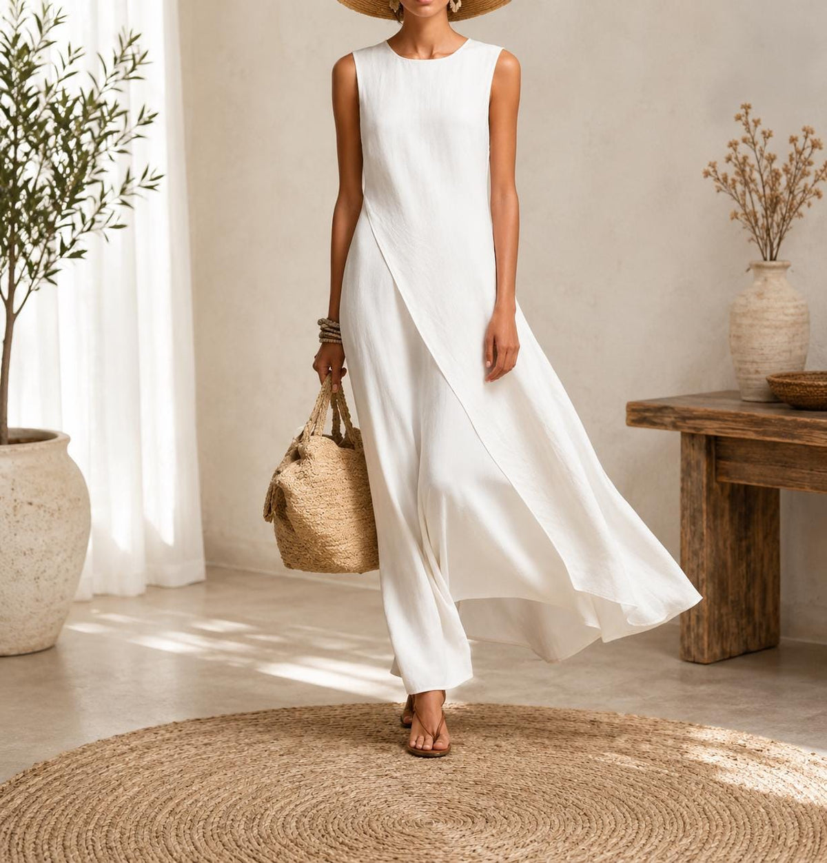 Women's Sleeveless Asymmetrical Maxi Dress | Casual Flowy Summer Dress | Elegant Loose Fit Long Dress | Minimalist Vacation Dress