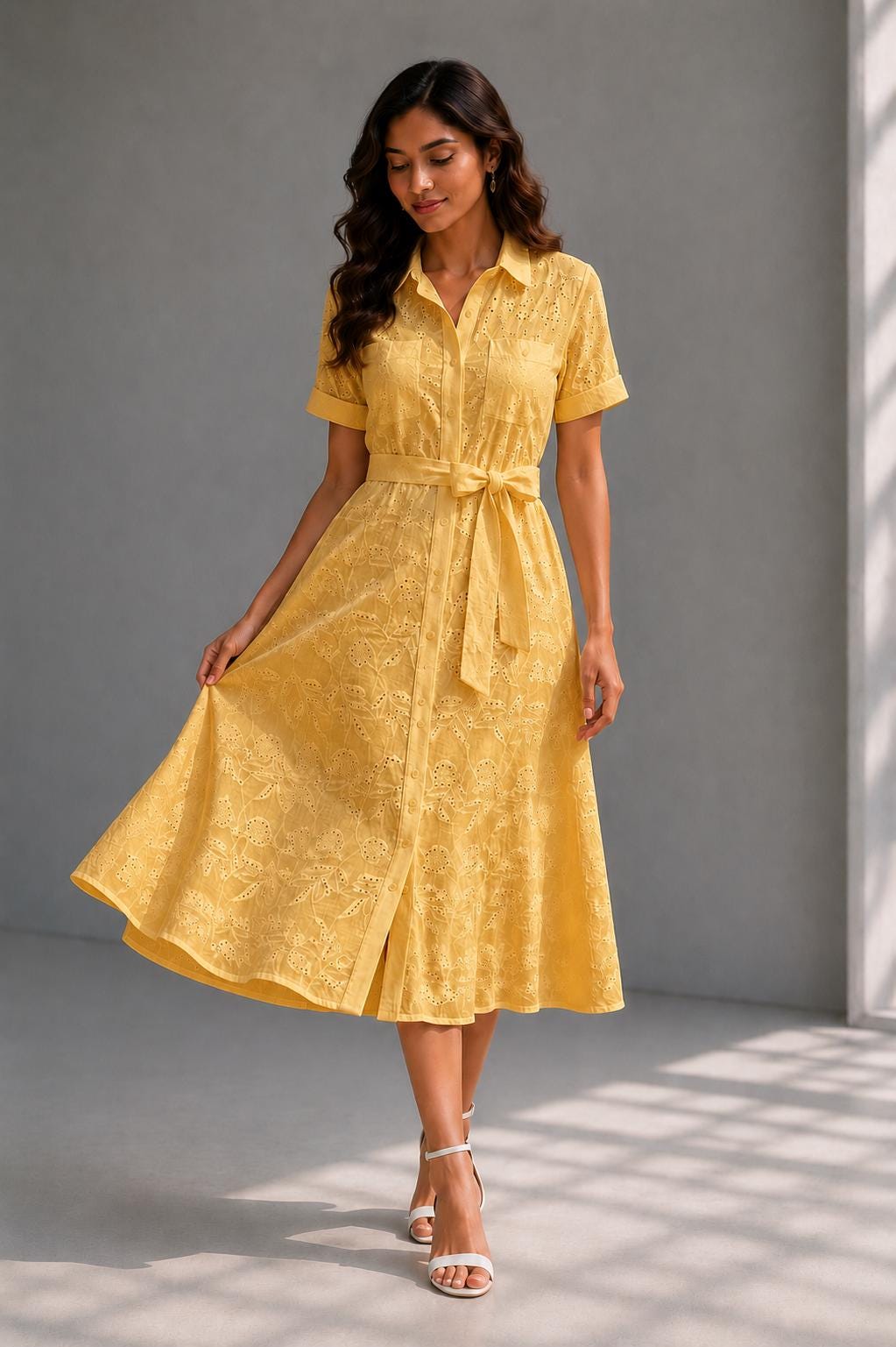 Eyelet Cotton Shirt Dress | Soft Summer Midi Dress | Beach Resort Wear