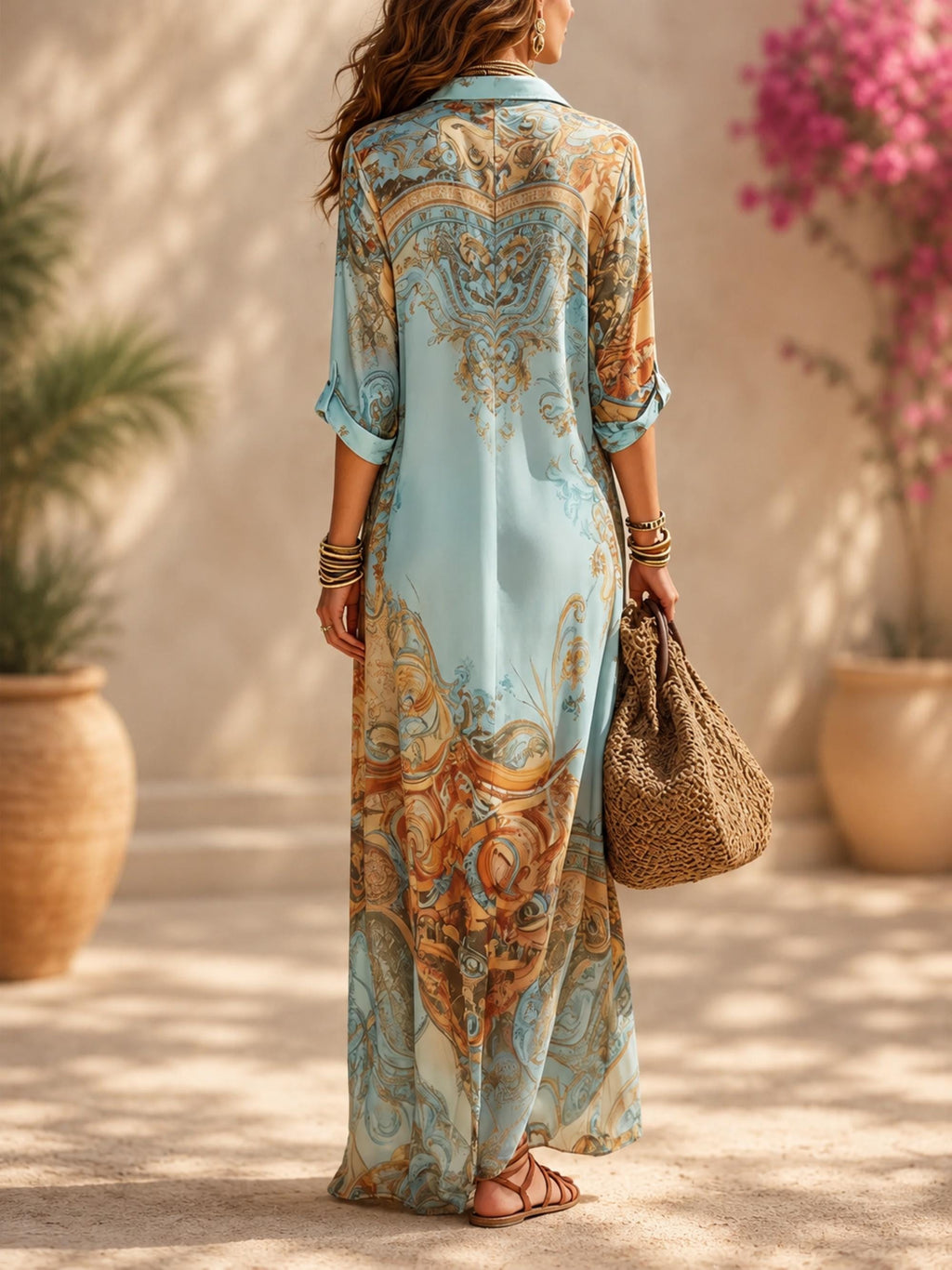 Blue Boho Maxi Shirt Dress for Women, Floral Button Down Kaftan Dress, Loose Beach Cover Up, Summer Vacation Resort Wear