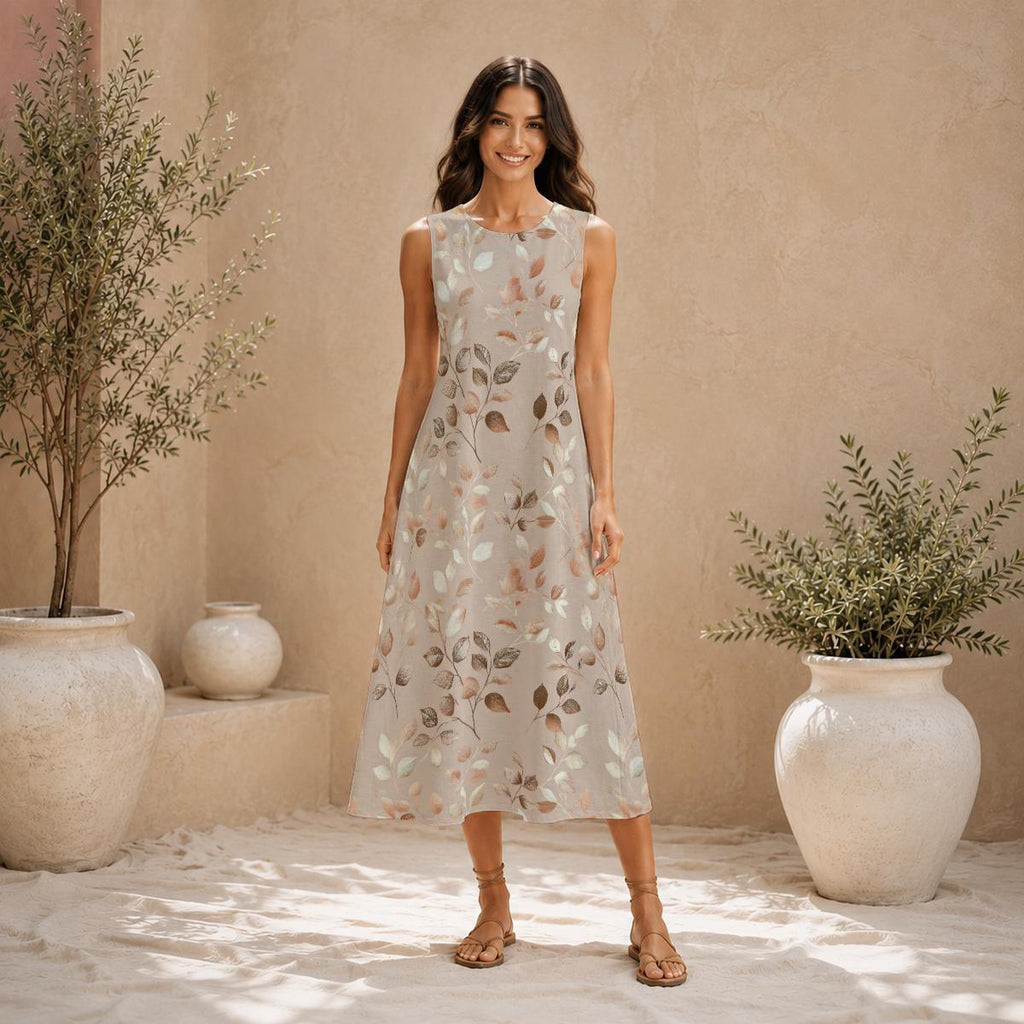 Beige Terracotta Leaf Maxi Dress | Watercolor Botanical Boho Summer A-Line Silhouette