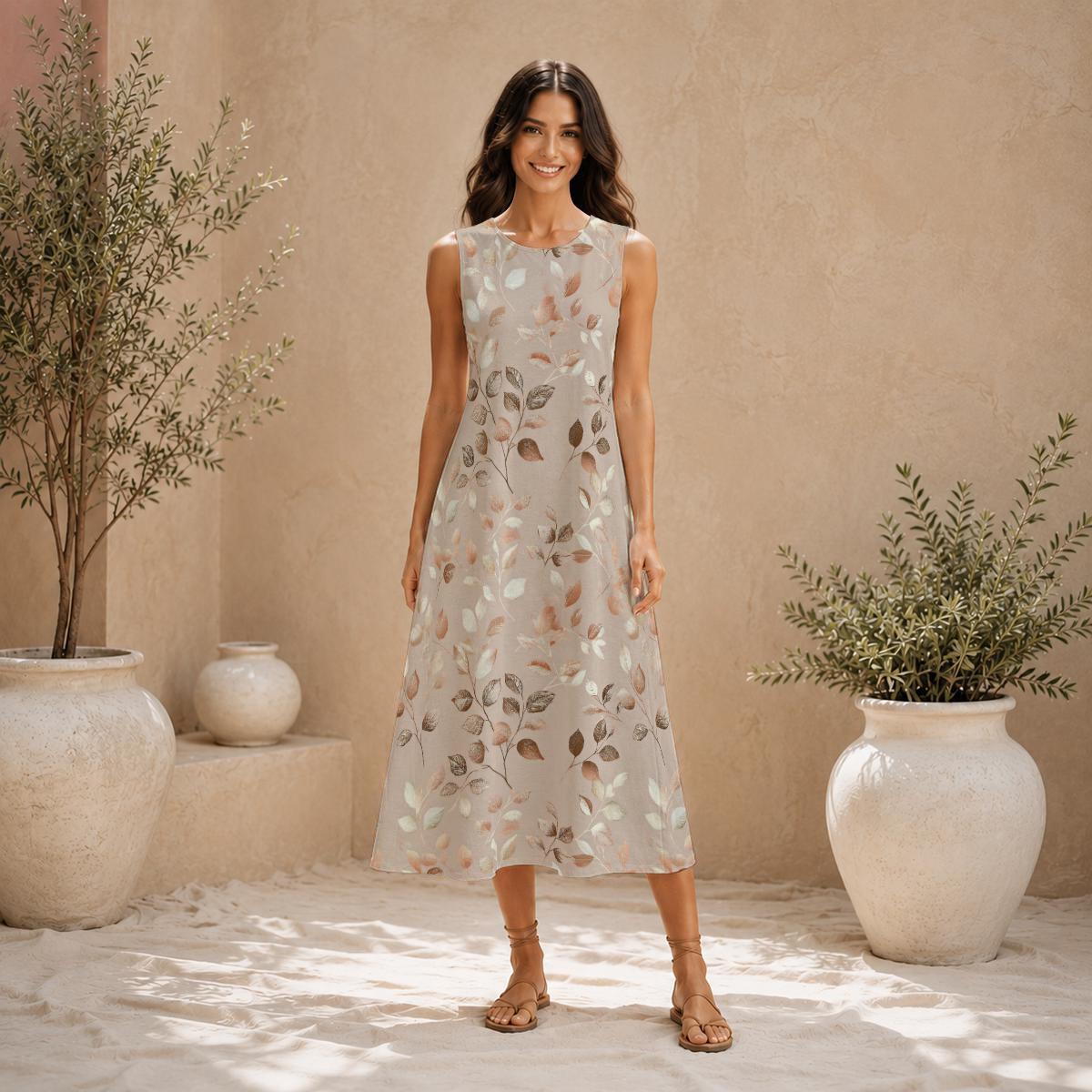 Beige Terracotta Leaf Maxi Dress | Watercolor Botanical Boho Summer A-Line Silhouette