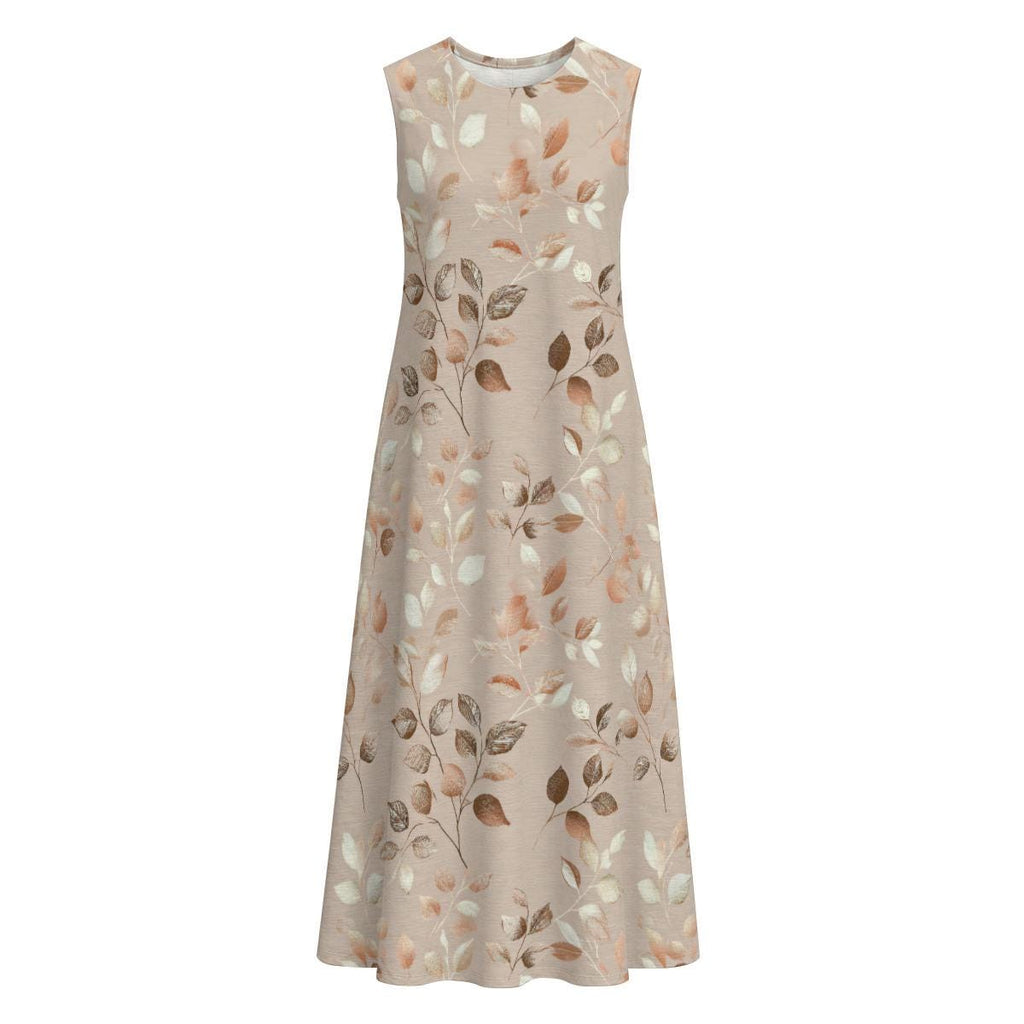 Beige Terracotta Leaf Maxi Dress | Watercolor Botanical Boho Summer A-Line Silhouette