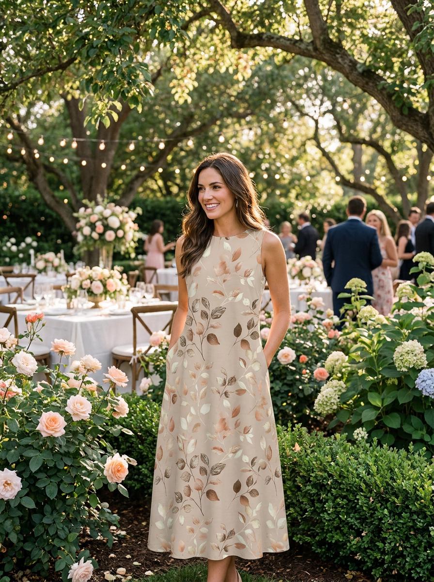 Beige Terracotta Leaf Maxi Dress | Watercolor Botanical Boho Summer A-Line Silhouette