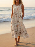 Beige Terracotta Leaf Maxi Dress | Watercolor Botanical Boho Summer A-Line Silhouette