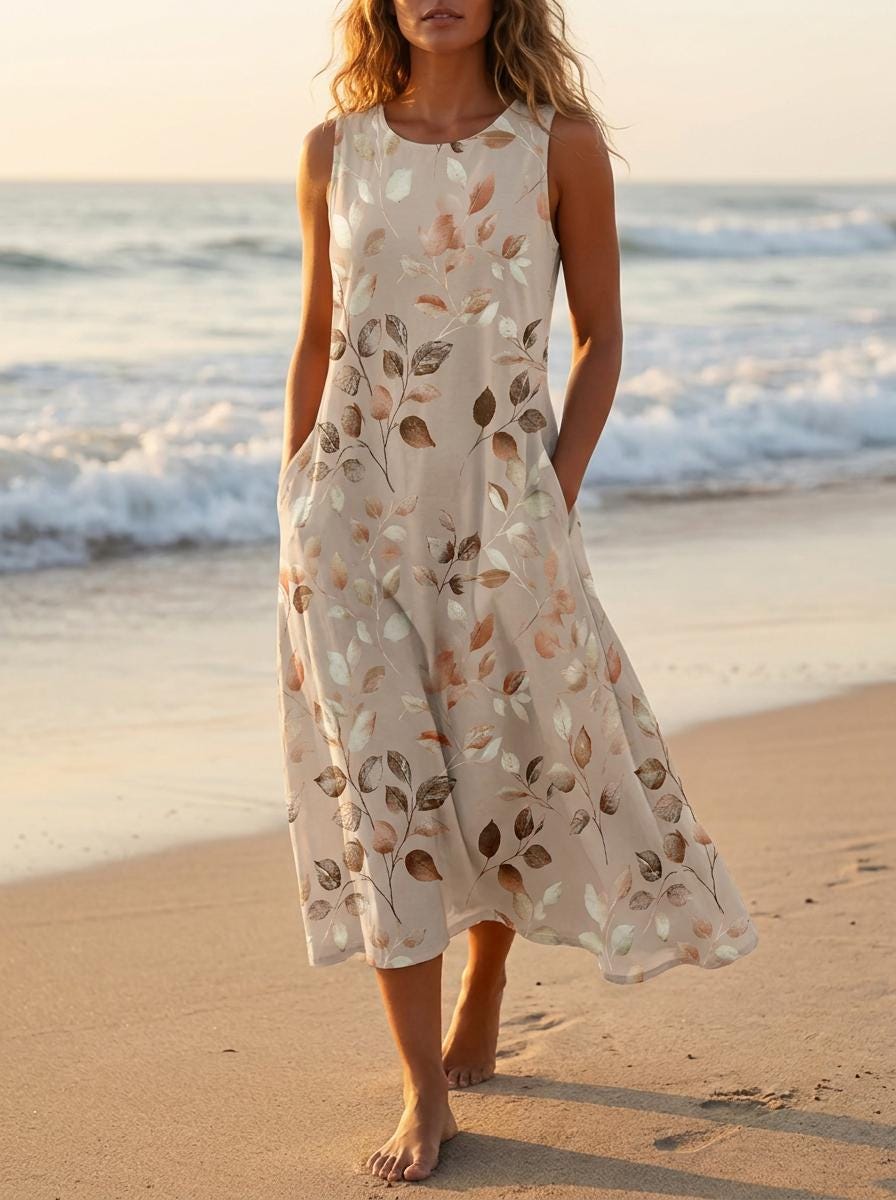 Beige Terracotta Leaf Maxi Dress | Watercolor Botanical Boho Summer A-Line Silhouette