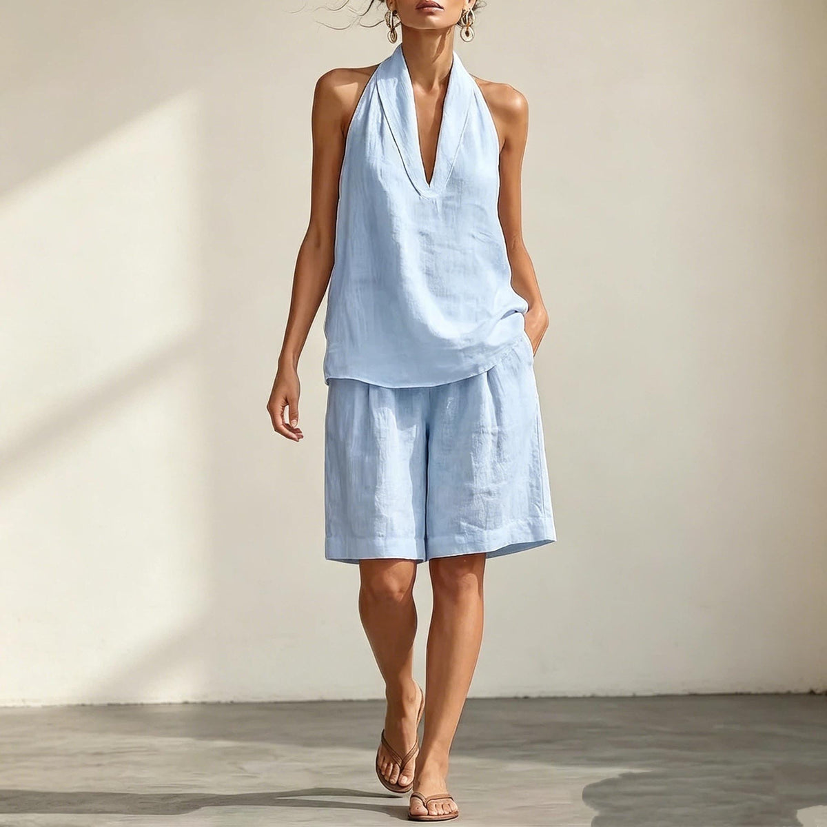 Women's Linen Two Piece Coord Set, Halter Deep V Sleeveless Top & Knee Length Wide Leg Shorts, Women Summer Resort Vacation Matching Outfit