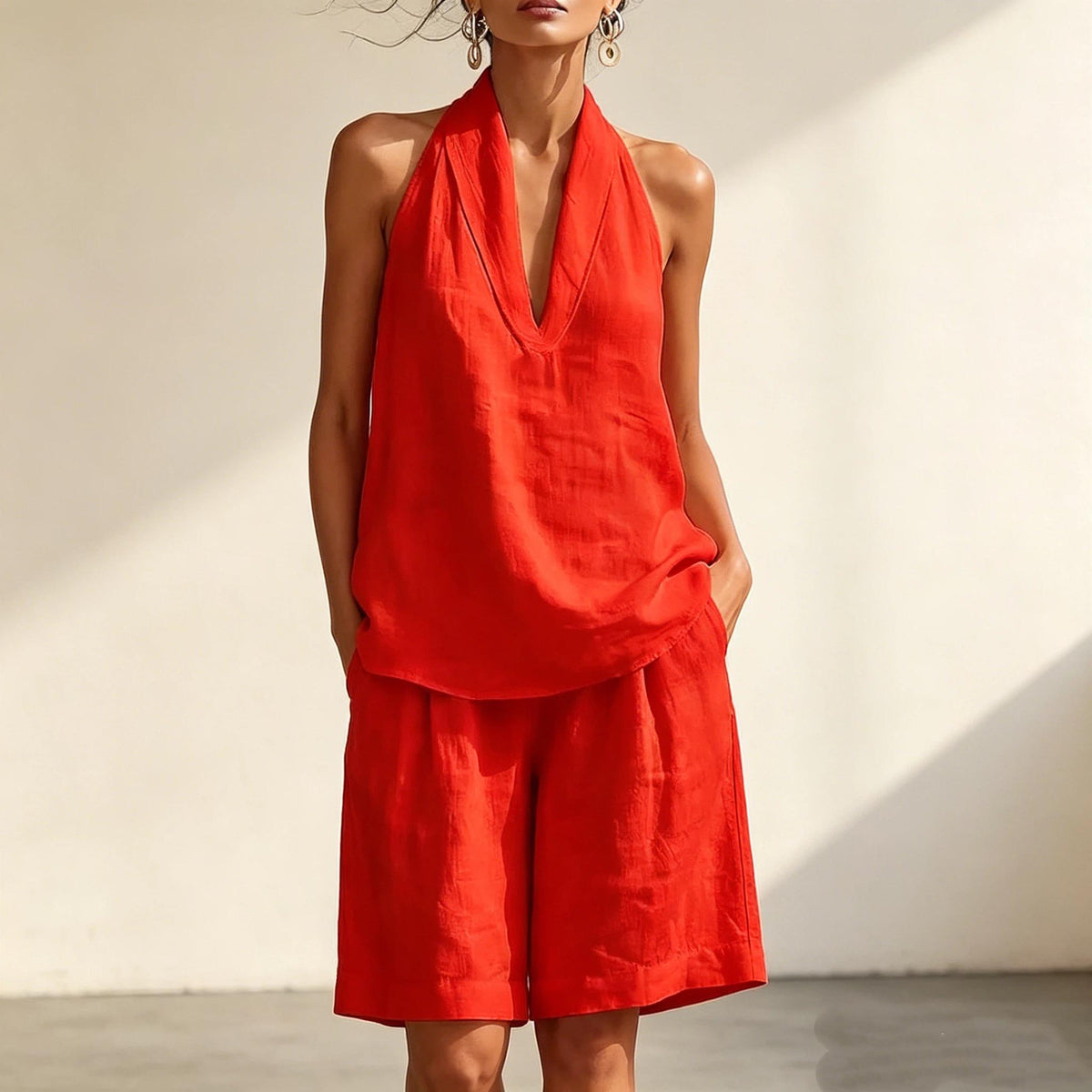 Women's Linen Two Piece Coord Set, Halter Deep V Sleeveless Top & Knee Length Wide Leg Shorts, Women Summer Resort Vacation Matching Outfit