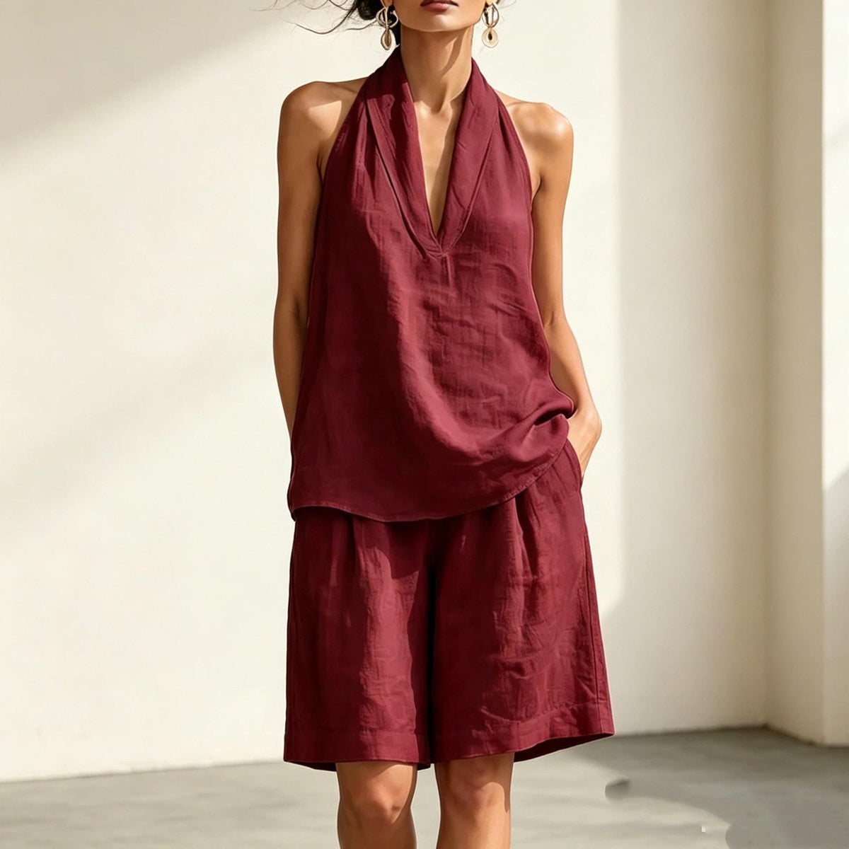 Women's Linen Two Piece Coord Set, Halter Deep V Sleeveless Top & Knee Length Wide Leg Shorts, Women Summer Resort Vacation Matching Outfit