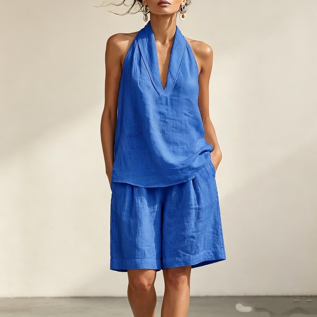 Women's Linen Two Piece Coord Set, Halter Deep V Sleeveless Top & Knee Length Wide Leg Shorts, Women Summer Resort Vacation Matching Outfit