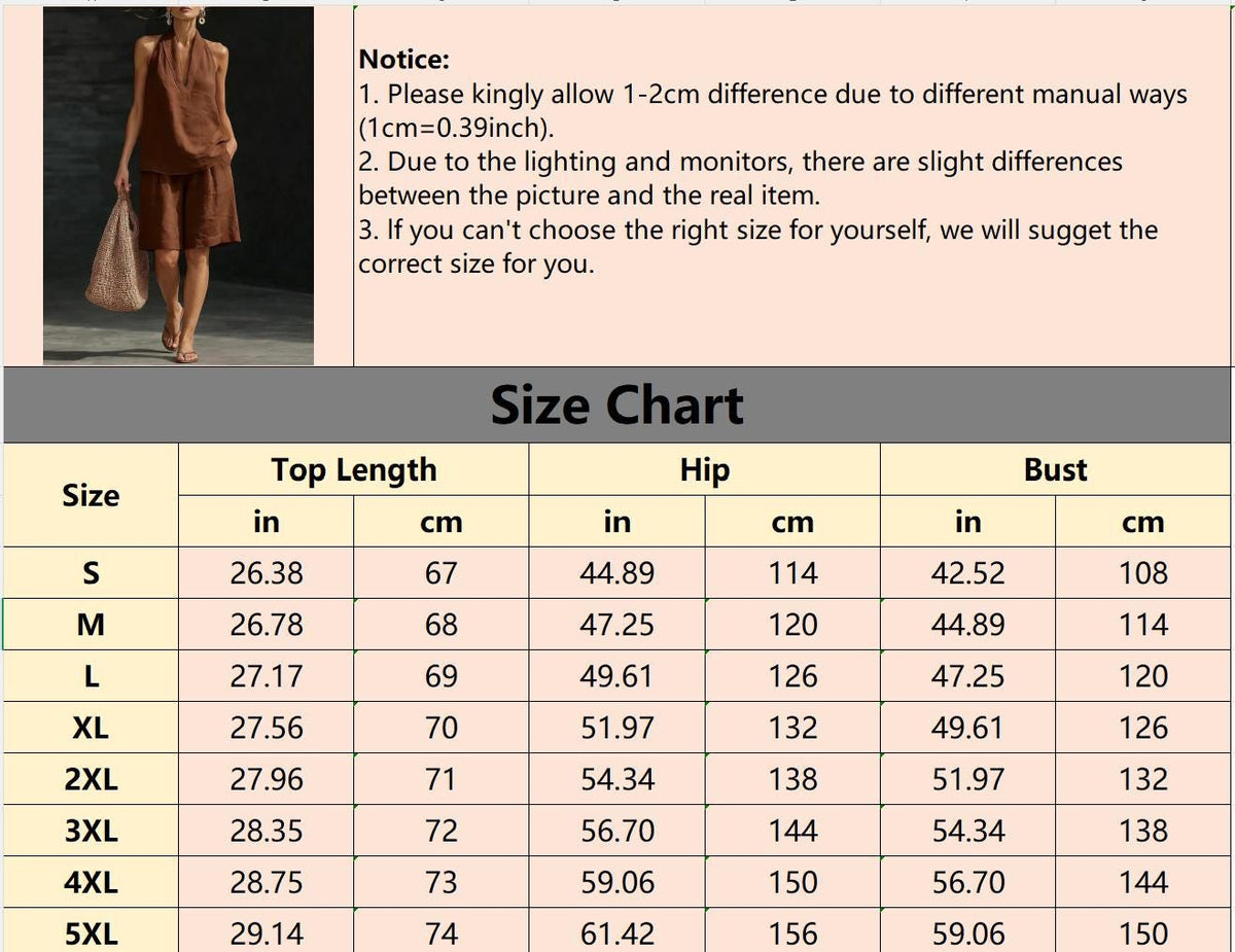 Women's Linen Two Piece Coord Set, Halter Deep V Sleeveless Top & Knee Length Wide Leg Shorts, Women Summer Resort Vacation Matching Outfit