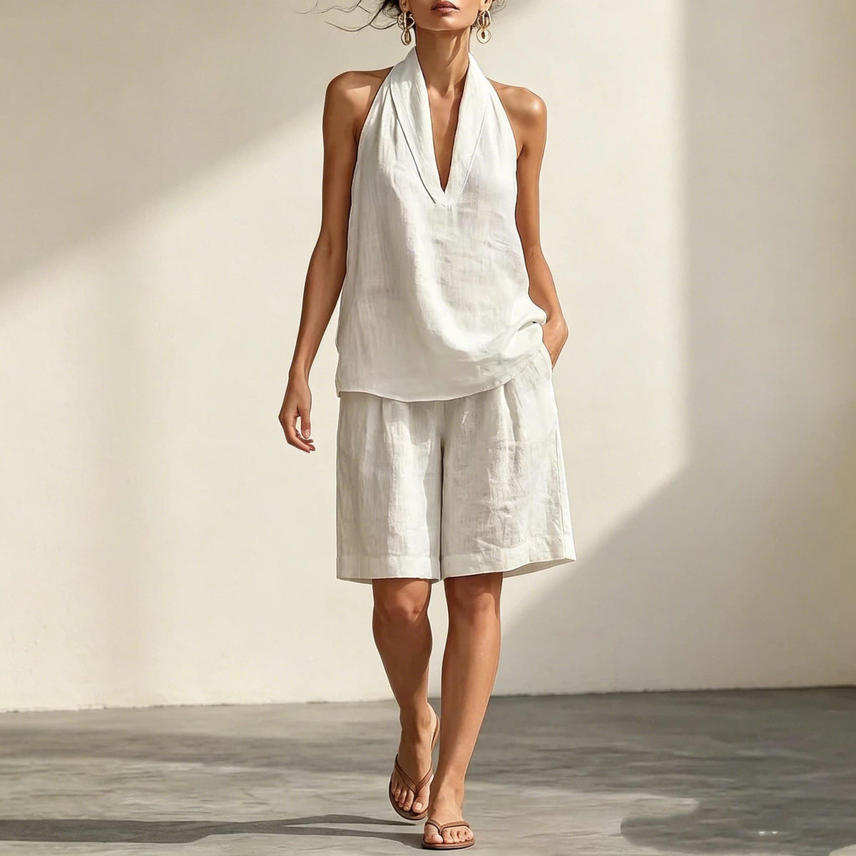 Women's Linen Two Piece Coord Set, Halter Deep V Sleeveless Top & Knee Length Wide Leg Shorts, Women Summer Resort Vacation Matching Outfit