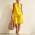 Women's Linen Two Piece Coord Set, Halter Deep V Sleeveless Top & Knee Length Wide Leg Shorts, Women Summer Resort Vacation Matching Outfit