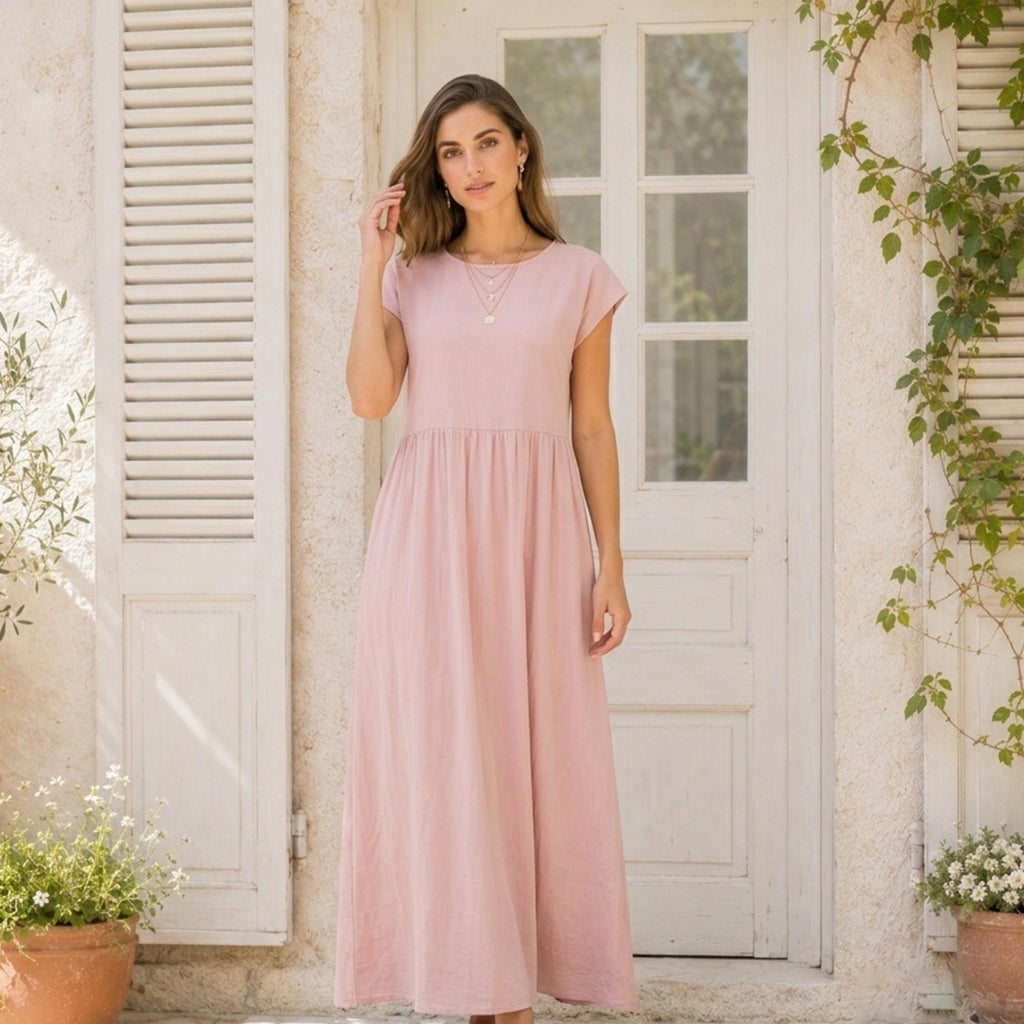 Summer Round Neck Maxi Dress, Vacation Resort Short Sleeve Wear, Casual Everyday Outfit for Women