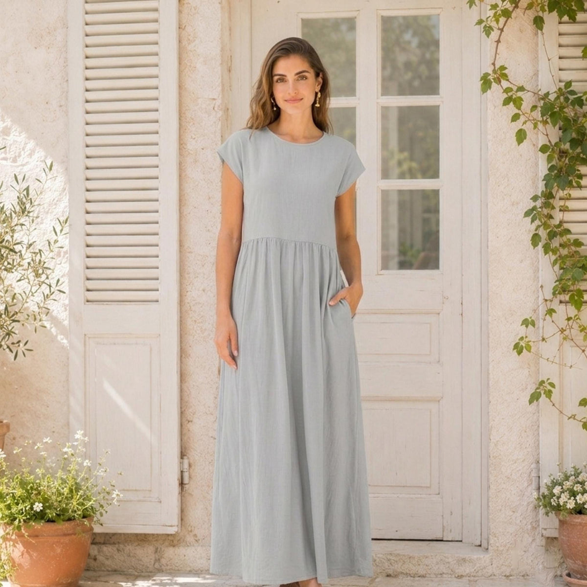 Summer Round Neck Maxi Dress, Vacation Resort Short Sleeve Wear, Casual Everyday Outfit for Women