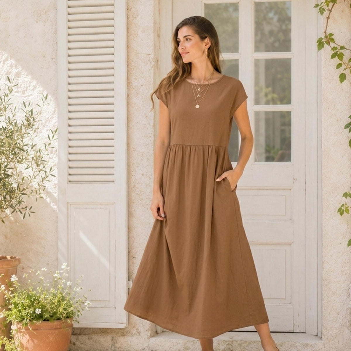 Summer Round Neck Maxi Dress, Vacation Resort Short Sleeve Wear, Casual Everyday Outfit for Women