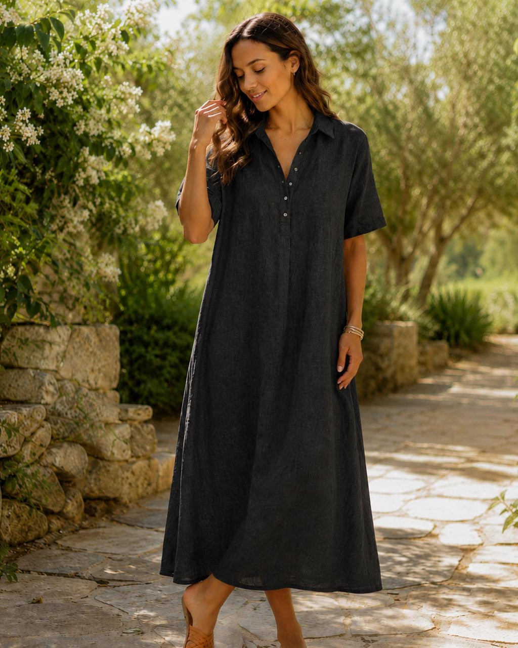 Boho Maxi Dress Women, Button Front Shirt Style, Minimalist Natural Dress, Casual Summer Beach Dress, Vacation Resort Wear