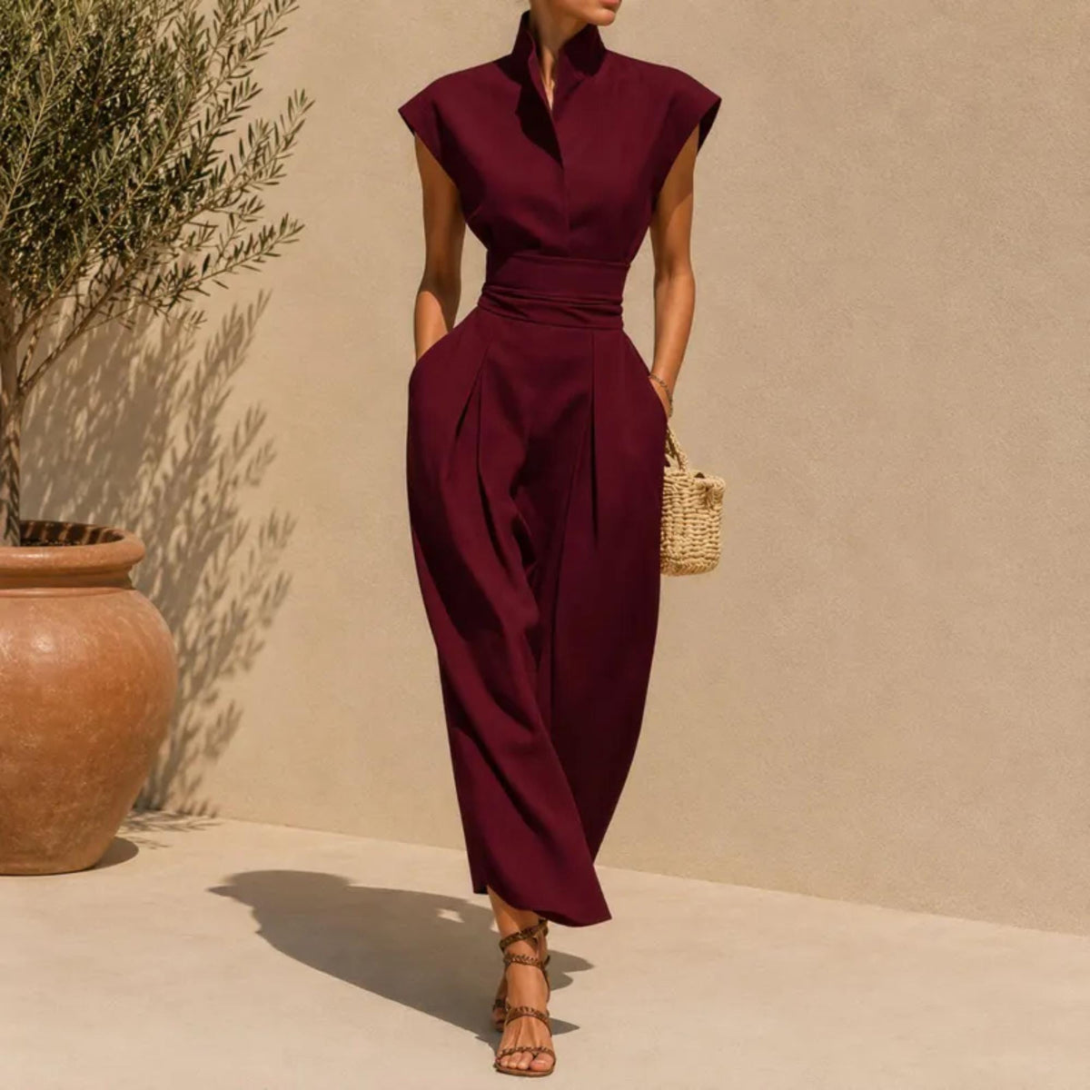 Elegant Maxi Dress, Sleeveless Stand Collar Midi with Pockets, Minimalist Summer Outfit, Chic Vacation Wear