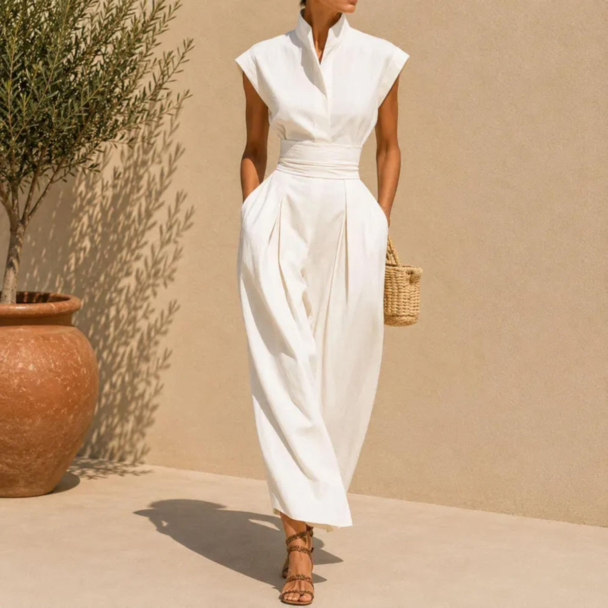 Elegant Maxi Dress, Sleeveless Stand Collar Midi with Pockets, Minimalist Summer Outfit, Chic Vacation Wear
