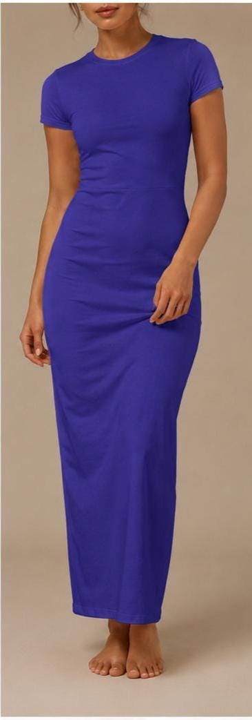 Cotton Maxi  Dress, XS-XL, Soft Cotton, Short Sleeve, Bodycon, Casual, Lounge Dress, Plain Basic, Stretch, Women Outfit