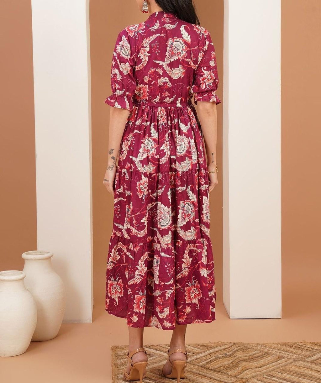 Blue Floral Cotton Midi Dress, Boho Tiered Summer Style, Relaxed Fit, 3/4 Sleeves