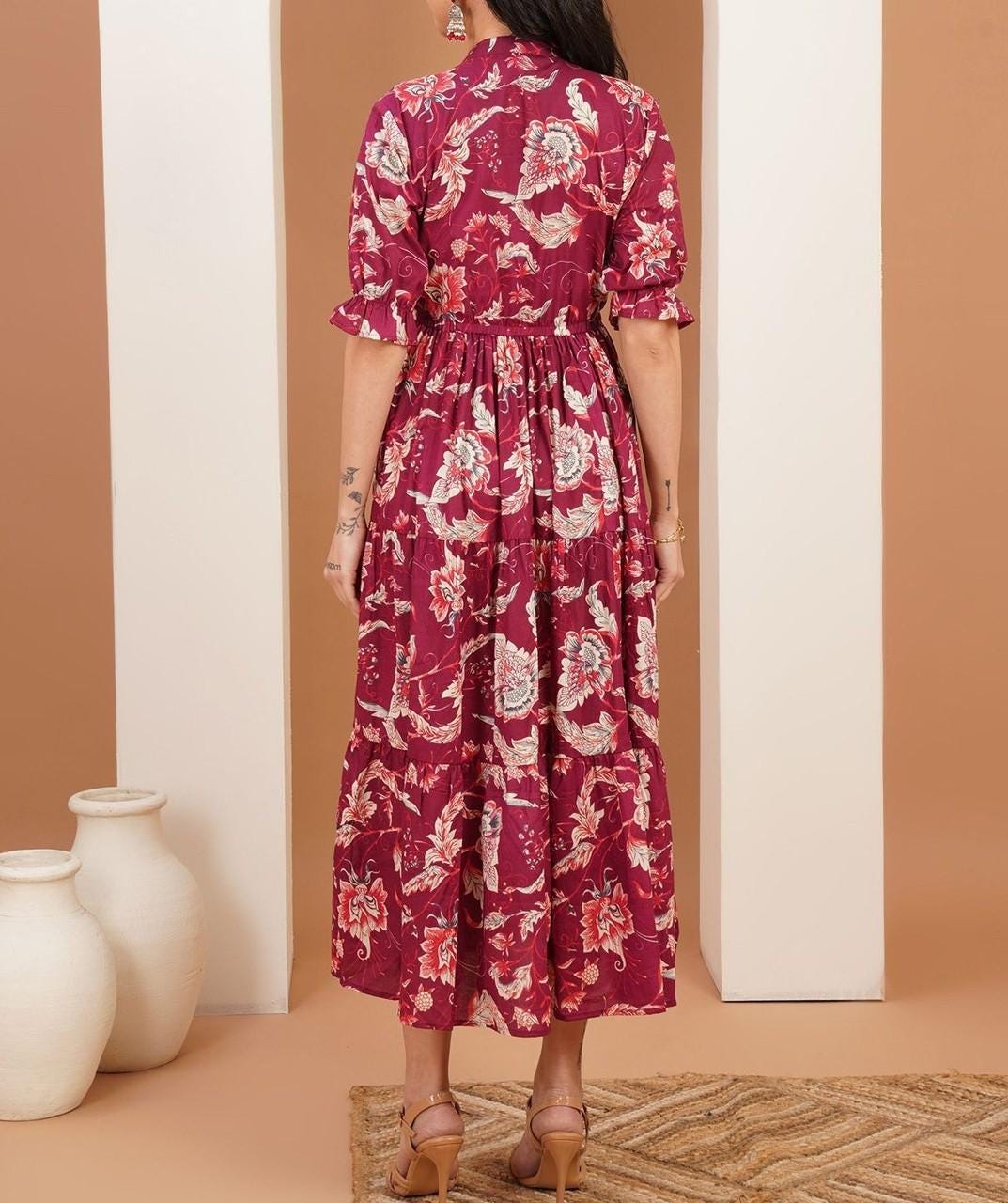 Blue Floral Cotton Midi Dress, Boho Tiered Summer Style, Relaxed Fit, 3/4 Sleeves