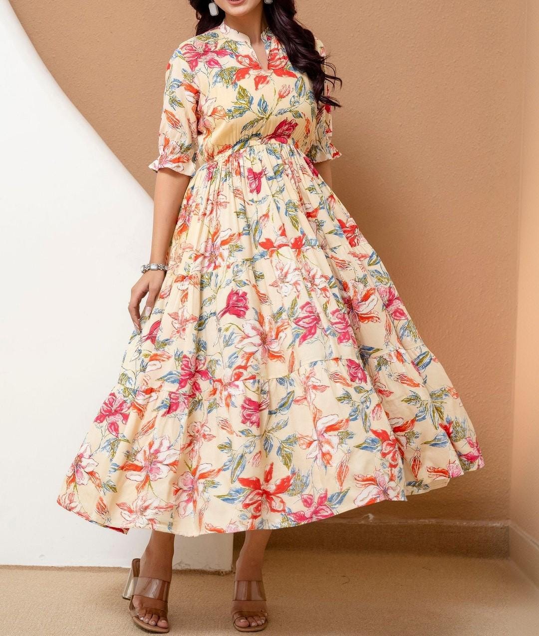 Blue Floral Cotton Midi Dress, Boho Tiered Summer Style, Relaxed Fit, 3/4 Sleeves