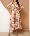 Blue Floral Cotton Midi Dress, Boho Tiered Summer Style, Relaxed Fit, 3/4 Sleeves