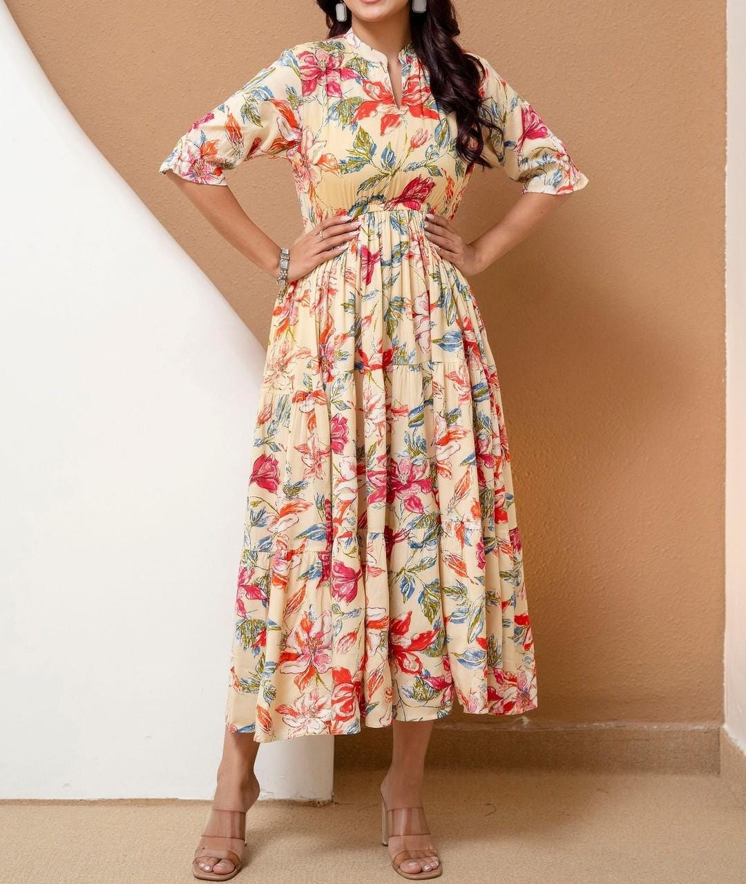 Blue Floral Cotton Midi Dress, Boho Tiered Summer Style, Relaxed Fit, 3/4 Sleeves