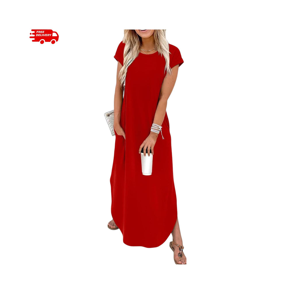 Summer Maxi Dress Women Cap Sleeve Crew Neck Casual Beach Vacation Sundress with Pockets