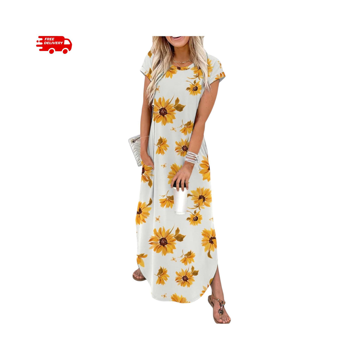 Summer Maxi Dress Women Cap Sleeve Crew Neck Casual Beach Vacation Sundress with Pockets