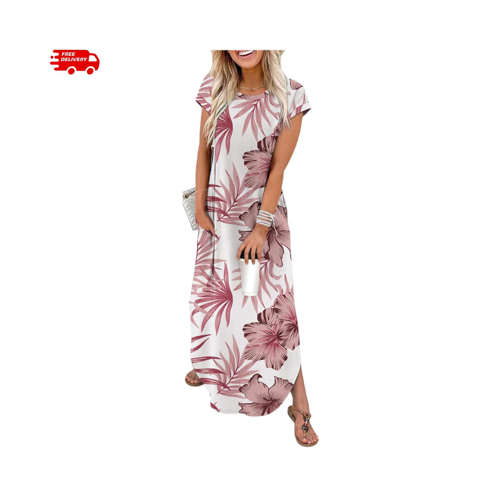 Summer Maxi Dress Women Cap Sleeve Crew Neck Casual Beach Vacation Sundress with Pockets