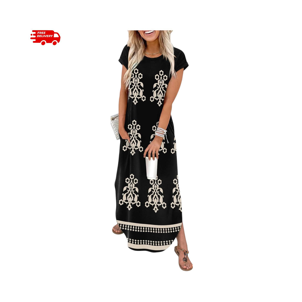 Summer Maxi Dress Women Cap Sleeve Crew Neck Casual Beach Vacation Sundress with Pockets