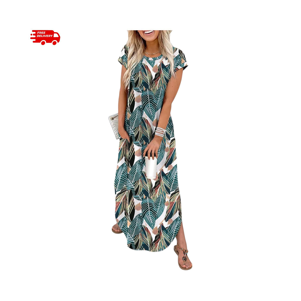 Summer Maxi Dress Women Cap Sleeve Crew Neck Casual Beach Vacation Sundress with Pockets