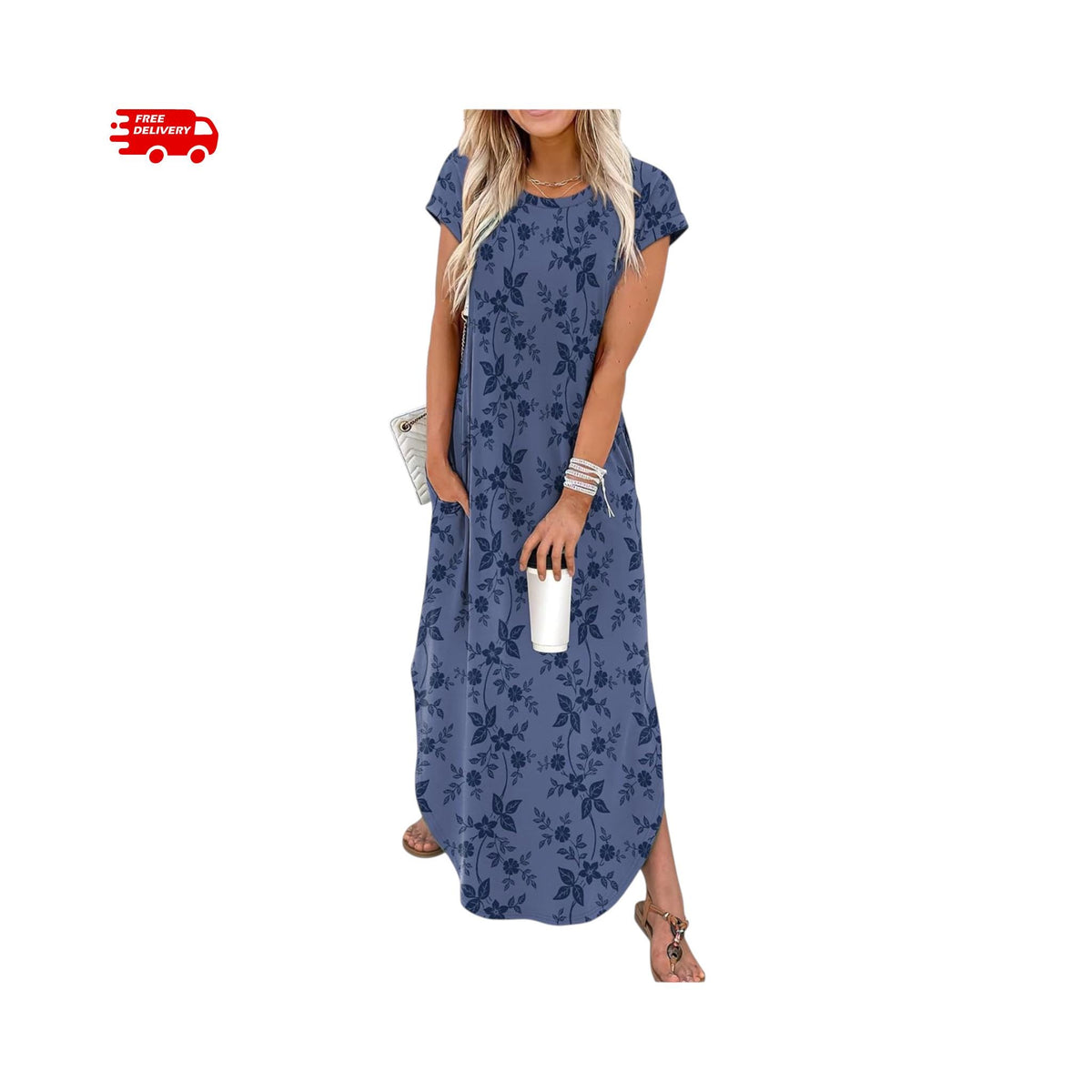 Summer Maxi Dress Women Cap Sleeve Crew Neck Casual Beach Vacation Sundress with Pockets