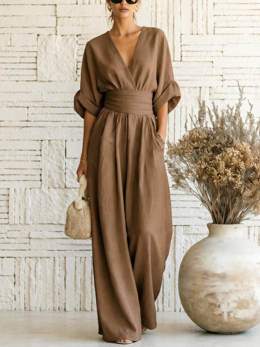 Women Boho Chic Wide-Leg Jumpsuit with Deep V-Neck and Batwing Sleeves, Effortless Summer Elegance for Work, Beach, Vacation and Casual