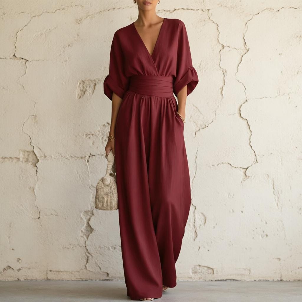 Women Boho Chic Wide-Leg Jumpsuit with Deep V-Neck and Batwing Sleeves, Effortless Summer Elegance for Work, Beach, Vacation and Casual