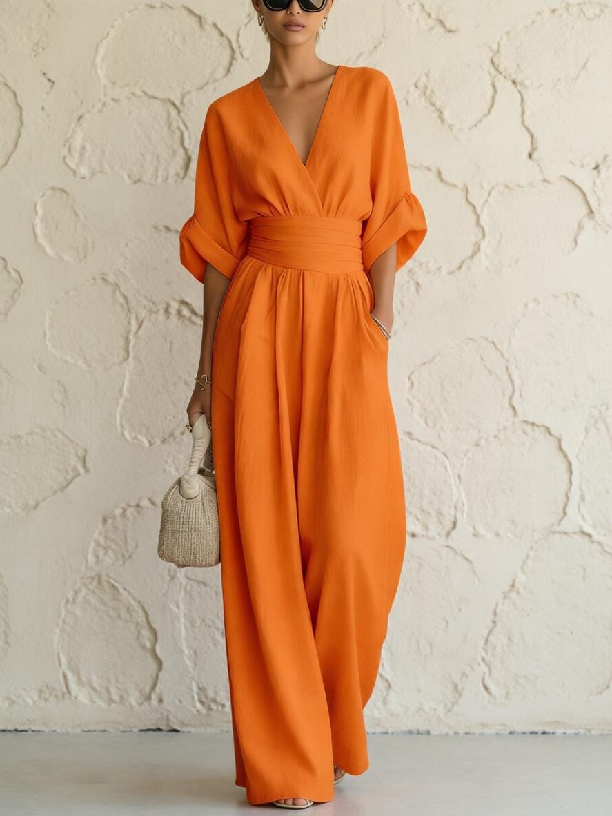 Women Boho Chic Wide-Leg Jumpsuit with Deep V-Neck and Batwing Sleeves, Effortless Summer Elegance for Work, Beach, Vacation and Casual