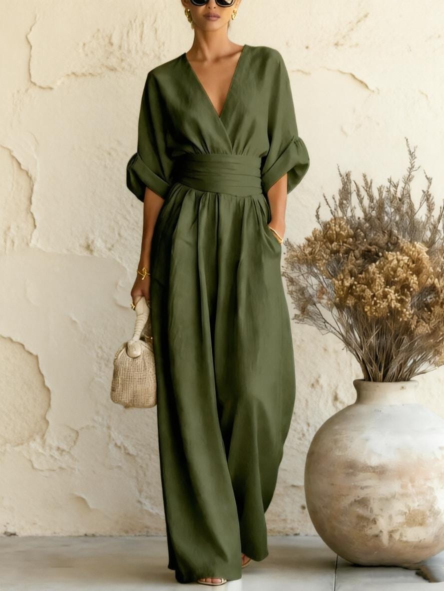 Women Boho Chic Wide-Leg Jumpsuit with Deep V-Neck and Batwing Sleeves, Effortless Summer Elegance for Work, Beach, Vacation and Casual