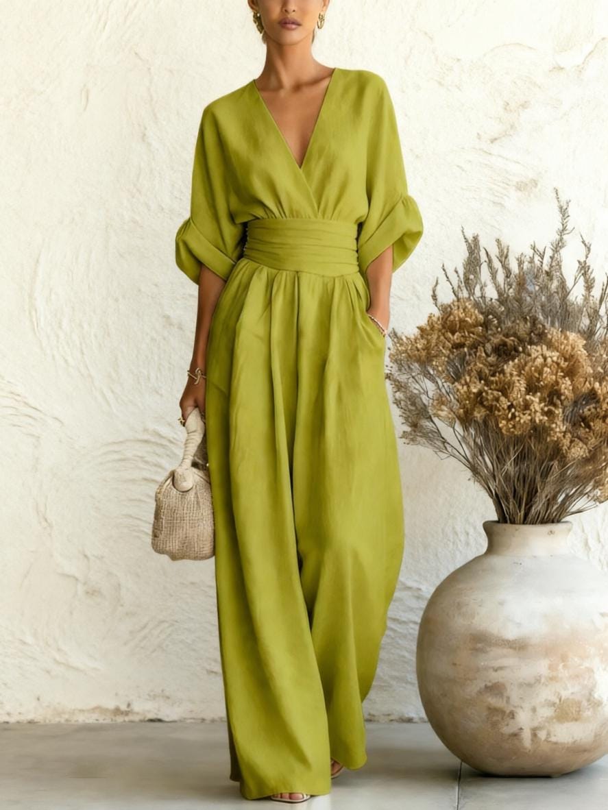 Women Boho Chic Wide-Leg Jumpsuit with Deep V-Neck and Batwing Sleeves, Effortless Summer Elegance for Work, Beach, Vacation and Casual