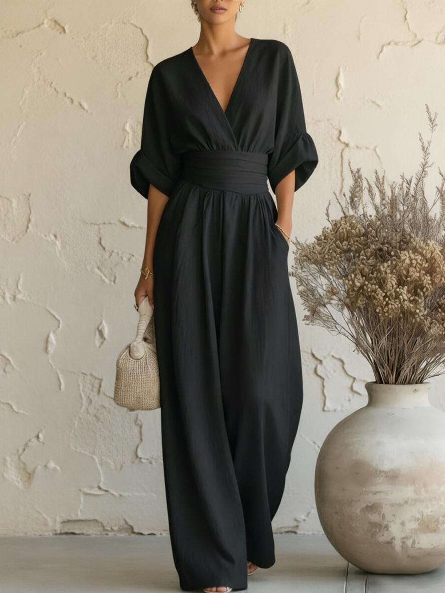 Women Boho Chic Wide-Leg Jumpsuit with Deep V-Neck and Batwing Sleeves, Effortless Summer Elegance for Work, Beach, Vacation and Casual