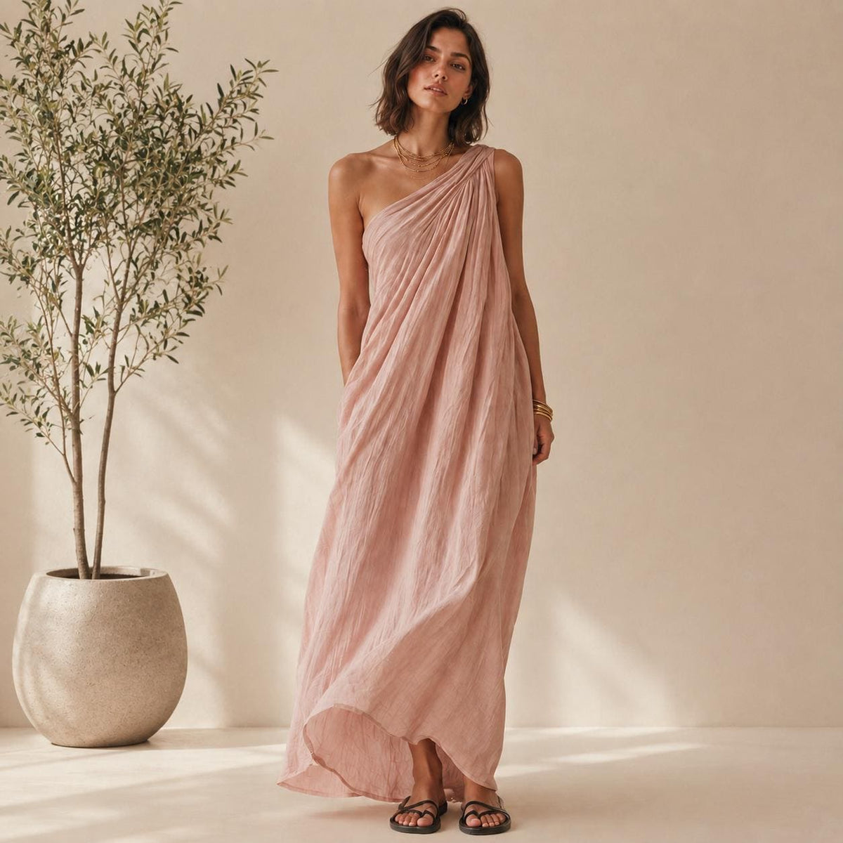 One Shoulder Draped Maxi Dress, Flowy Boho Resort Wear, Elegant Summer Gown