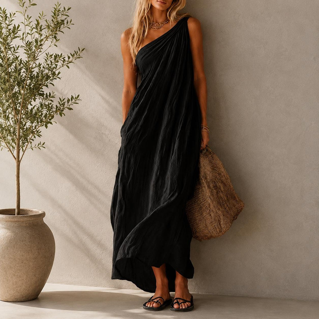 One Shoulder Draped Maxi Dress, Flowy Boho Resort Wear, Elegant Summer Gown