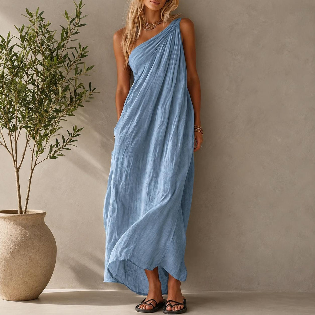 One Shoulder Draped Maxi Dress, Flowy Boho Resort Wear, Elegant Summer Gown
