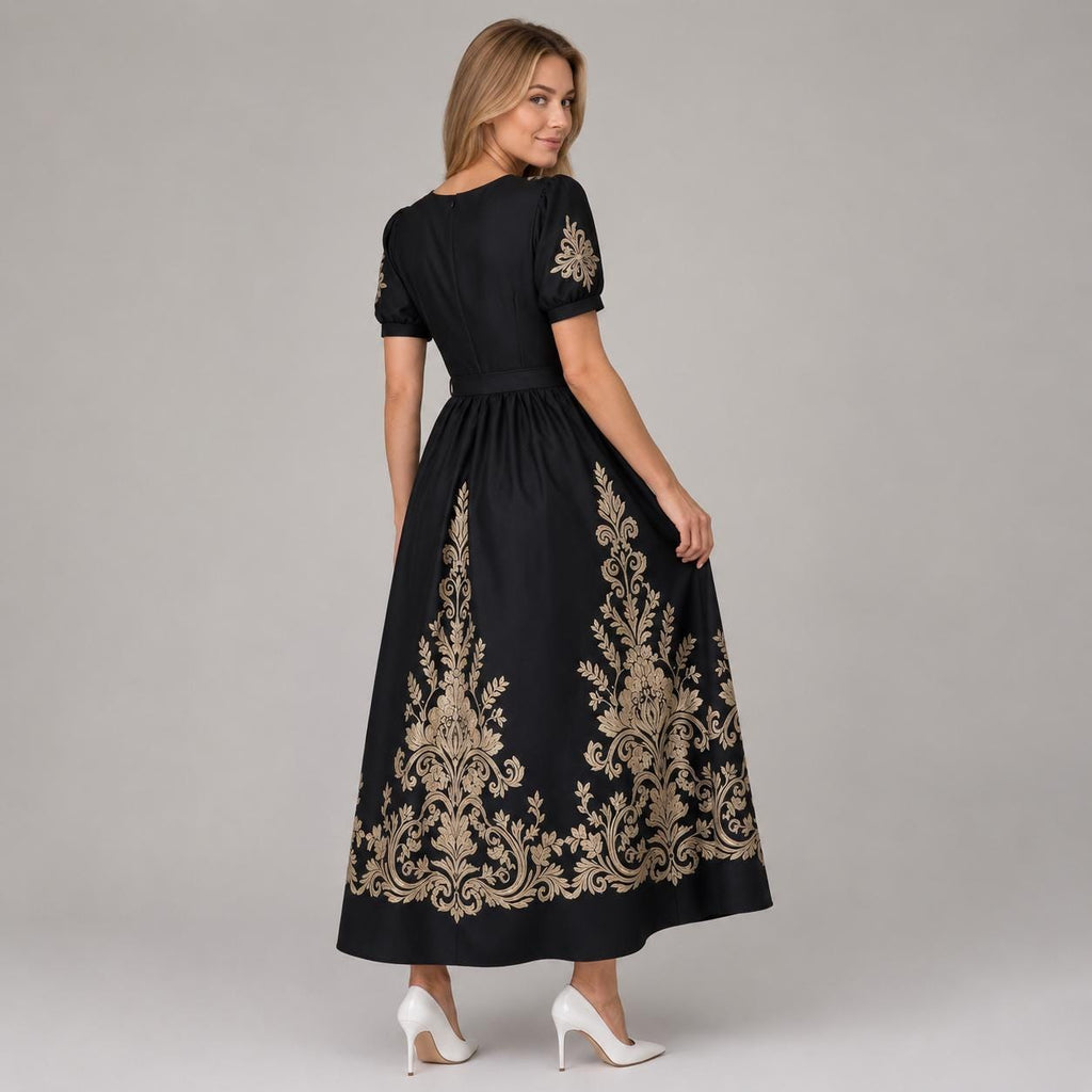 Black Gold Floral Embroidered Maxi Dress | Vintage Style Puff Sleeve Belted Gown