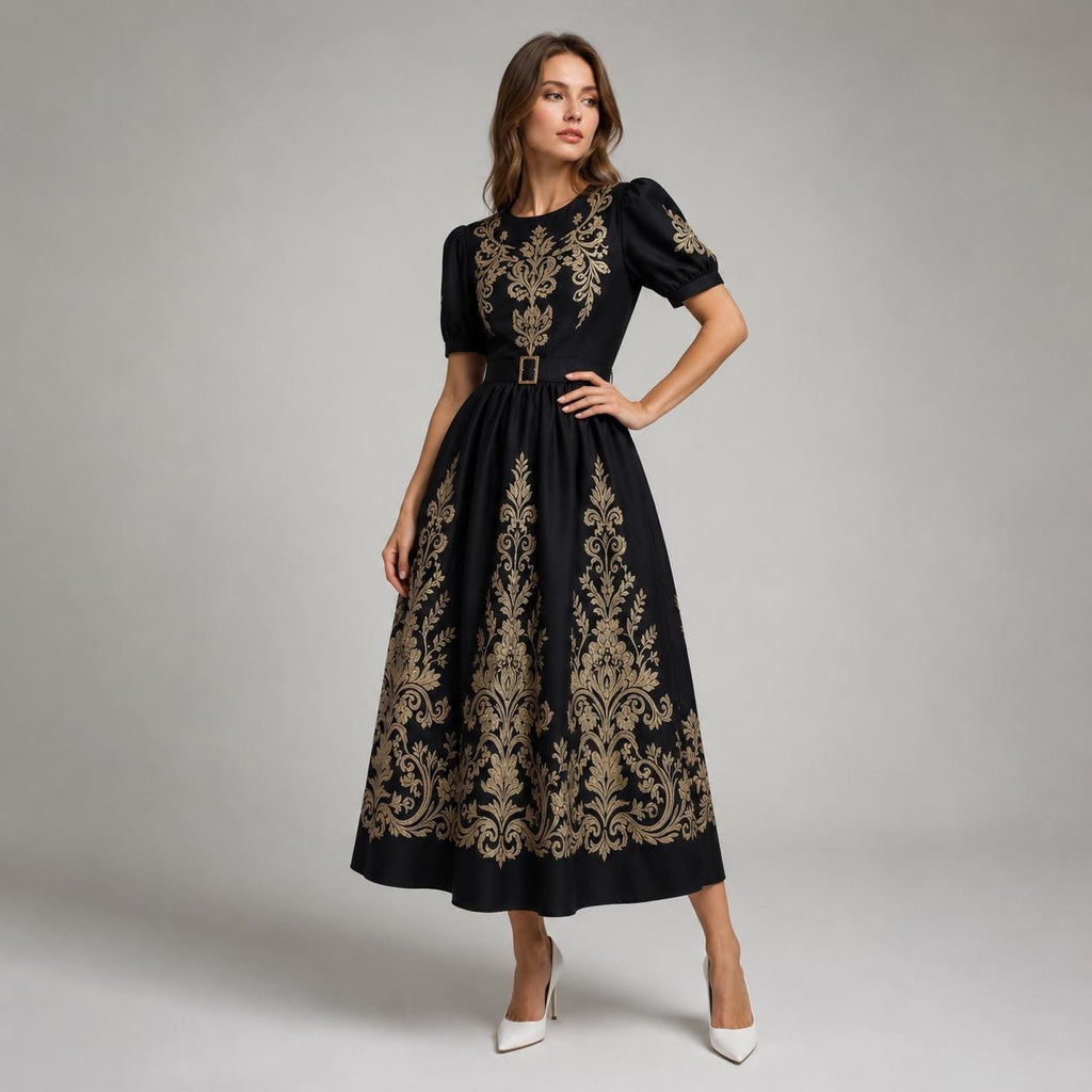 Black Gold Floral Embroidered Maxi Dress | Vintage Style Puff Sleeve Belted Gown