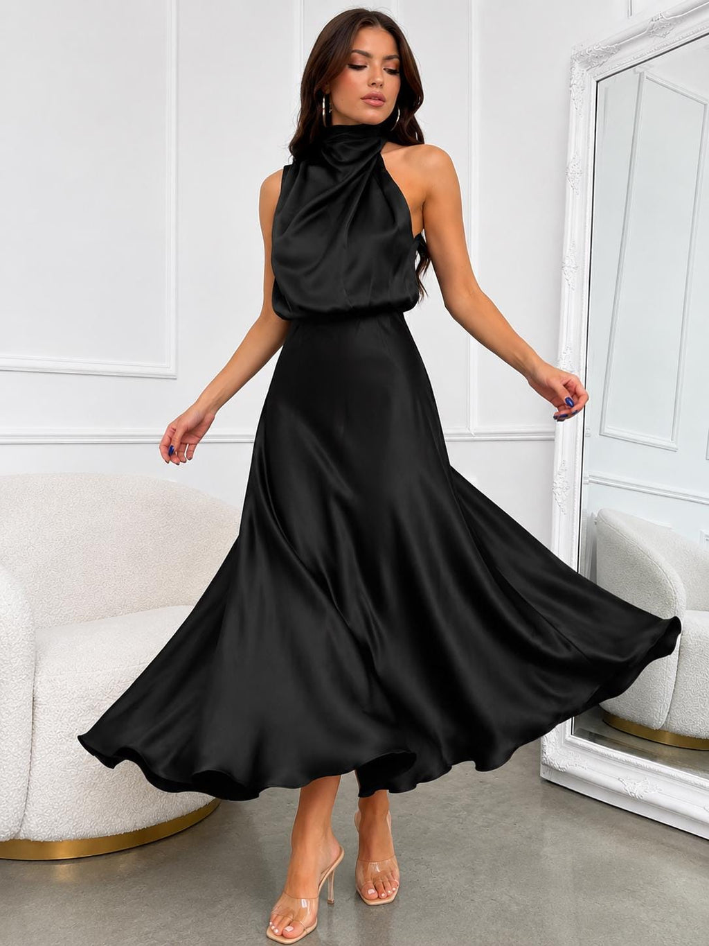 Summer High-End Silk Satin Sleeveless Elegant Maxi Formal Evening Party Cocktail Wedding Guest Dress