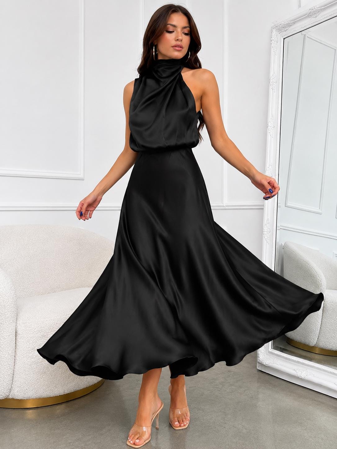 Summer High-End Silk Satin Sleeveless Elegant Maxi Formal Evening Party Cocktail Wedding Guest Dress