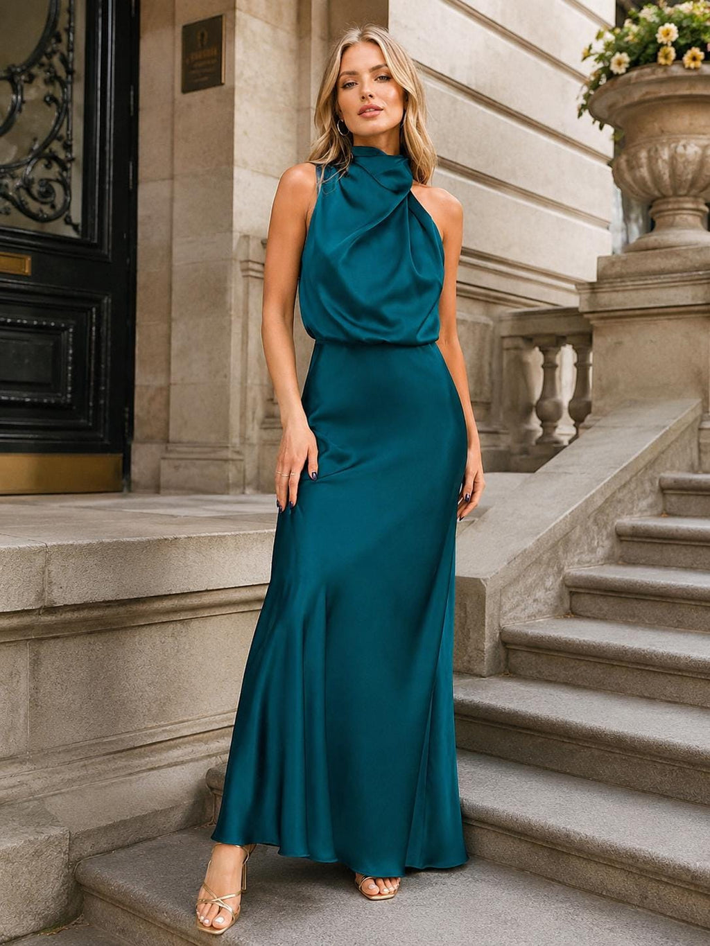 Summer High-End Silk Satin Sleeveless Elegant Maxi Formal Evening Party Cocktail Wedding Guest Dress