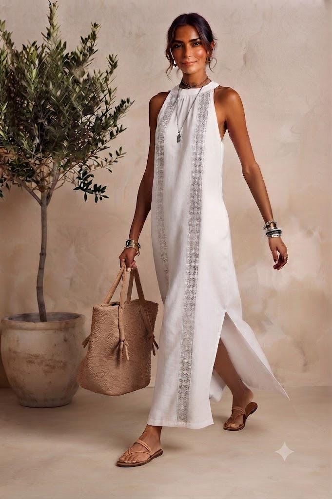 Womens Sleeveless Maxi Dress Boho Summer Dress Casual Linen Look Dress Elegant Vacation Dress Beach Resort Dress Loose Fit Long Dress