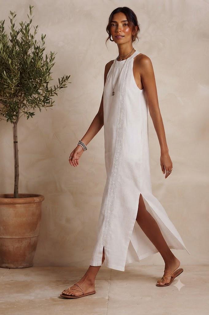 Womens Sleeveless Maxi Dress Boho Summer Dress Casual Linen Look Dress Elegant Vacation Dress Beach Resort Dress Loose Fit Long Dress